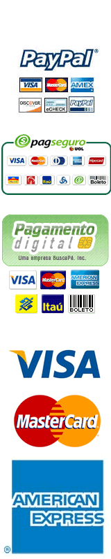 Visa, Mastercard, Cielo, Paypal, pagseguro e pagamentodigital