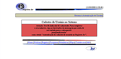 Aviso de envio de e-mail para autenticação